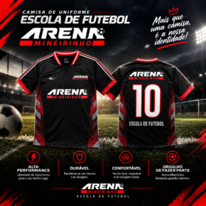 Camisa de uniforme da escola de futebol Arena Mineirinho, preta com detalhes em vermelho e branco